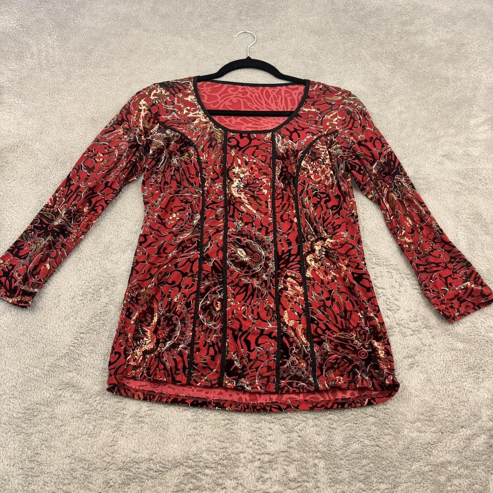 Unbranded Velvet Burnout Semi Sheer Top Womens‎ M Red Paisley Y2K Fairy Grunge